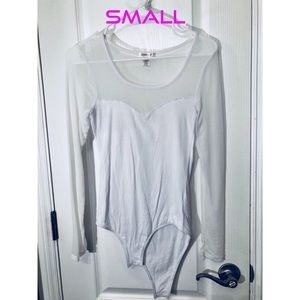 White mesh long sleeve bodysuit top